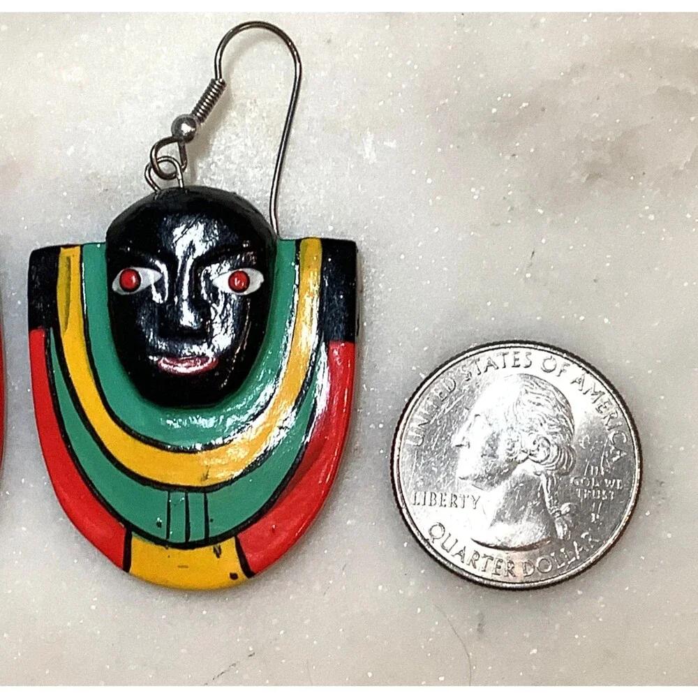 Face Mask Earrings Hand Painted Tribal Statement Dangle Bold Colorful